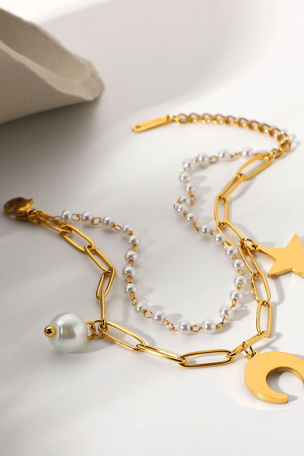 Double-Layered Star Moon Pearl Charm Bracelet