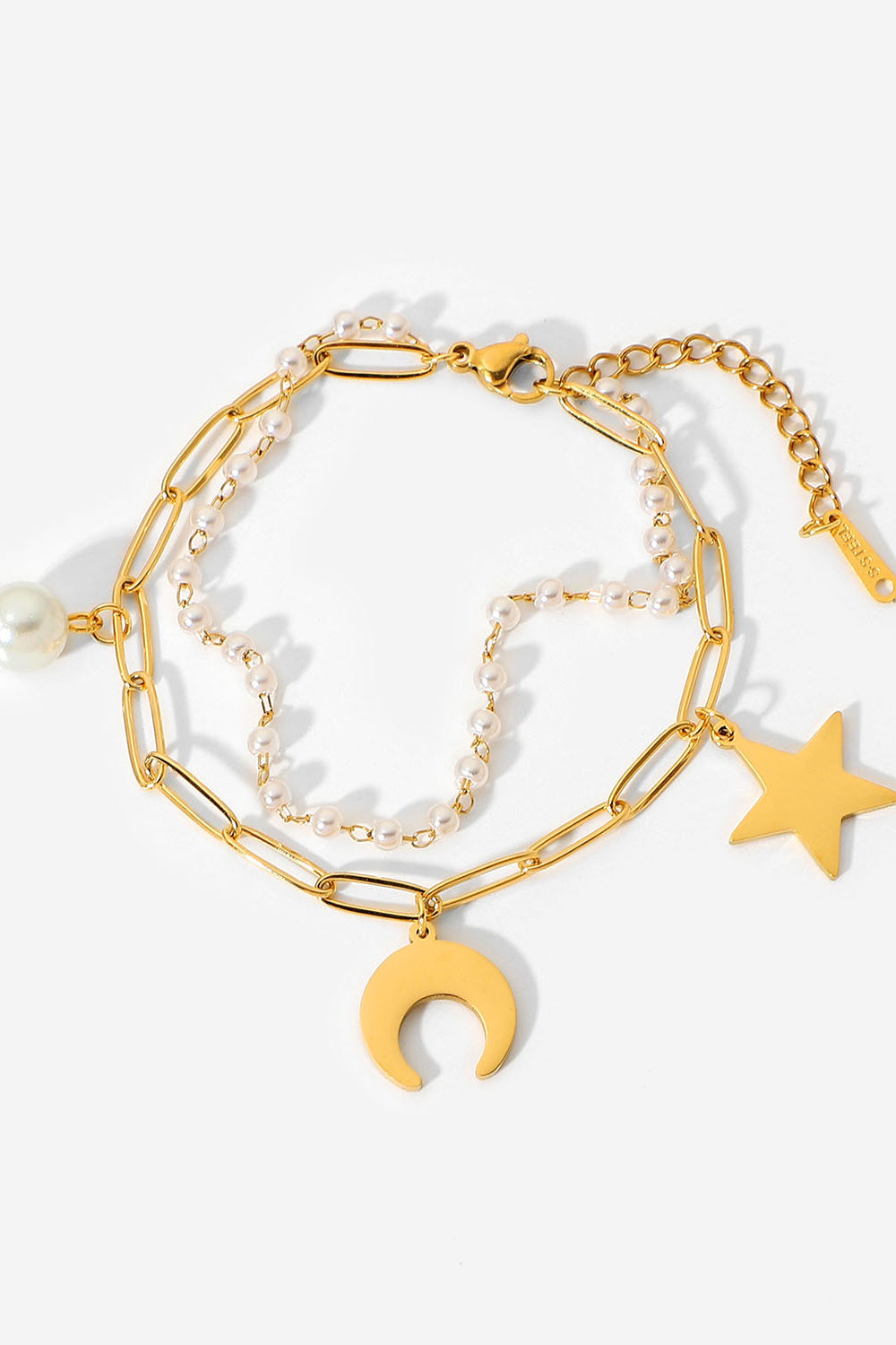 Double-Layered Star Moon Pearl Charm Bracelet