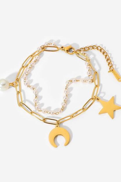 Double-Layered Star Moon Pearl Charm Bracelet