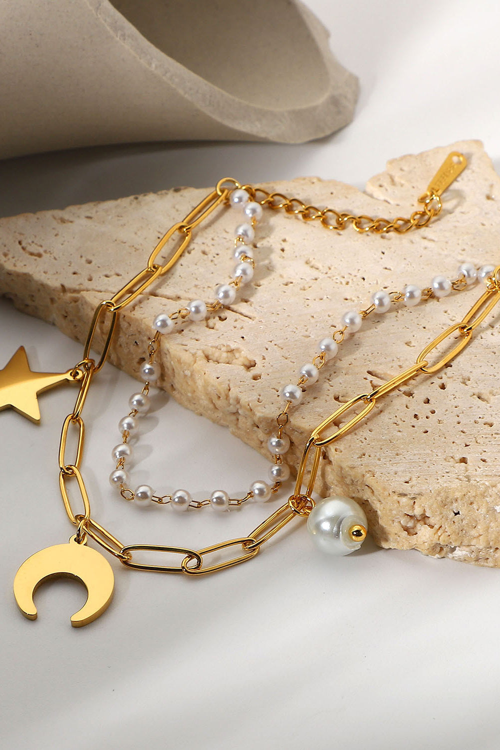 Double-Layered Star Moon Pearl Charm Bracelet