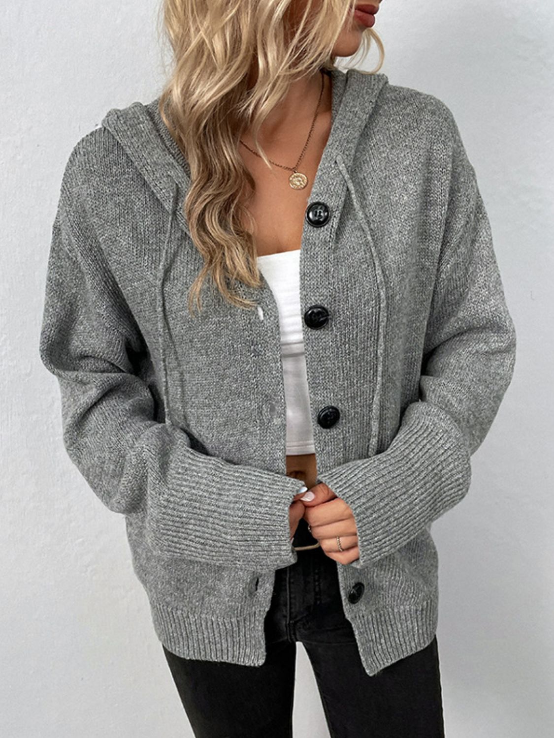 Drawstring Detail Button Front Hooded Cardigan