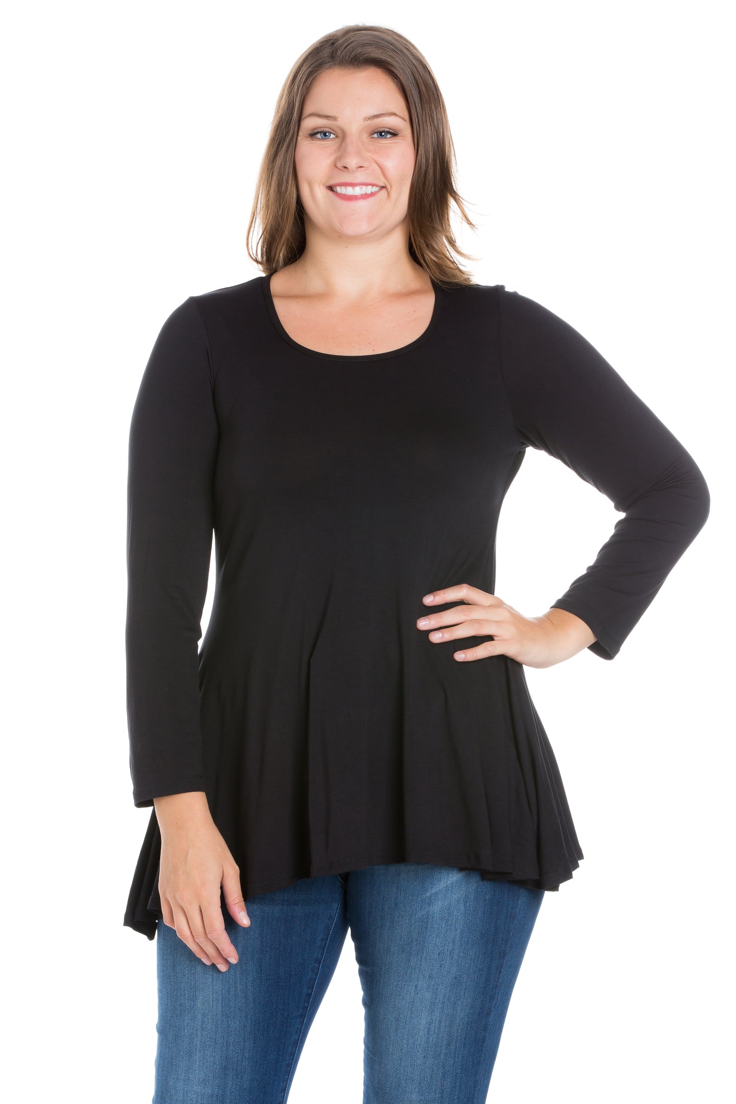 Womens Curvy Black Poised Long Sleeve Swing Tunic Top