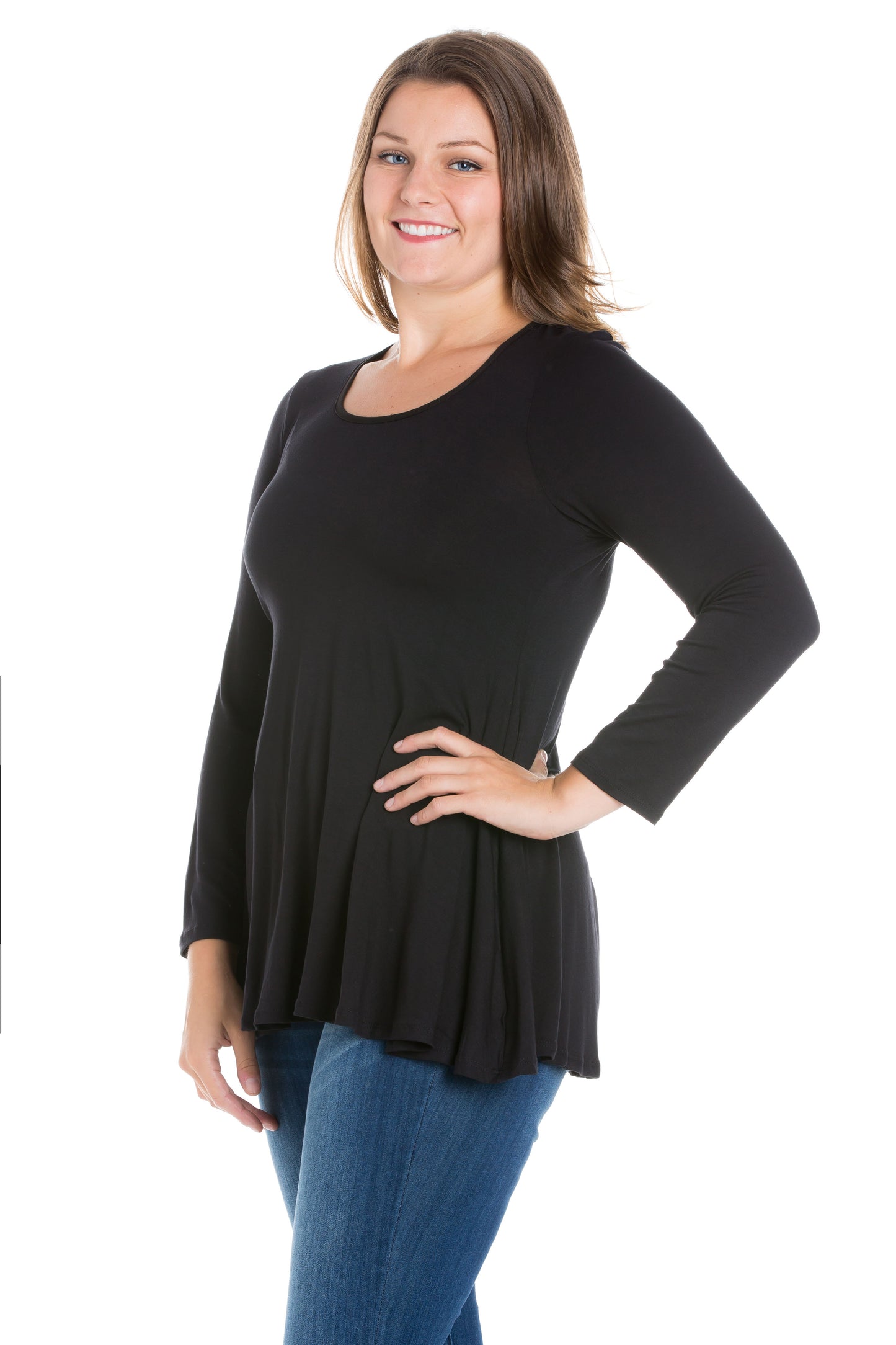 Womens Curvy Black Poised Long Sleeve Swing Tunic Top