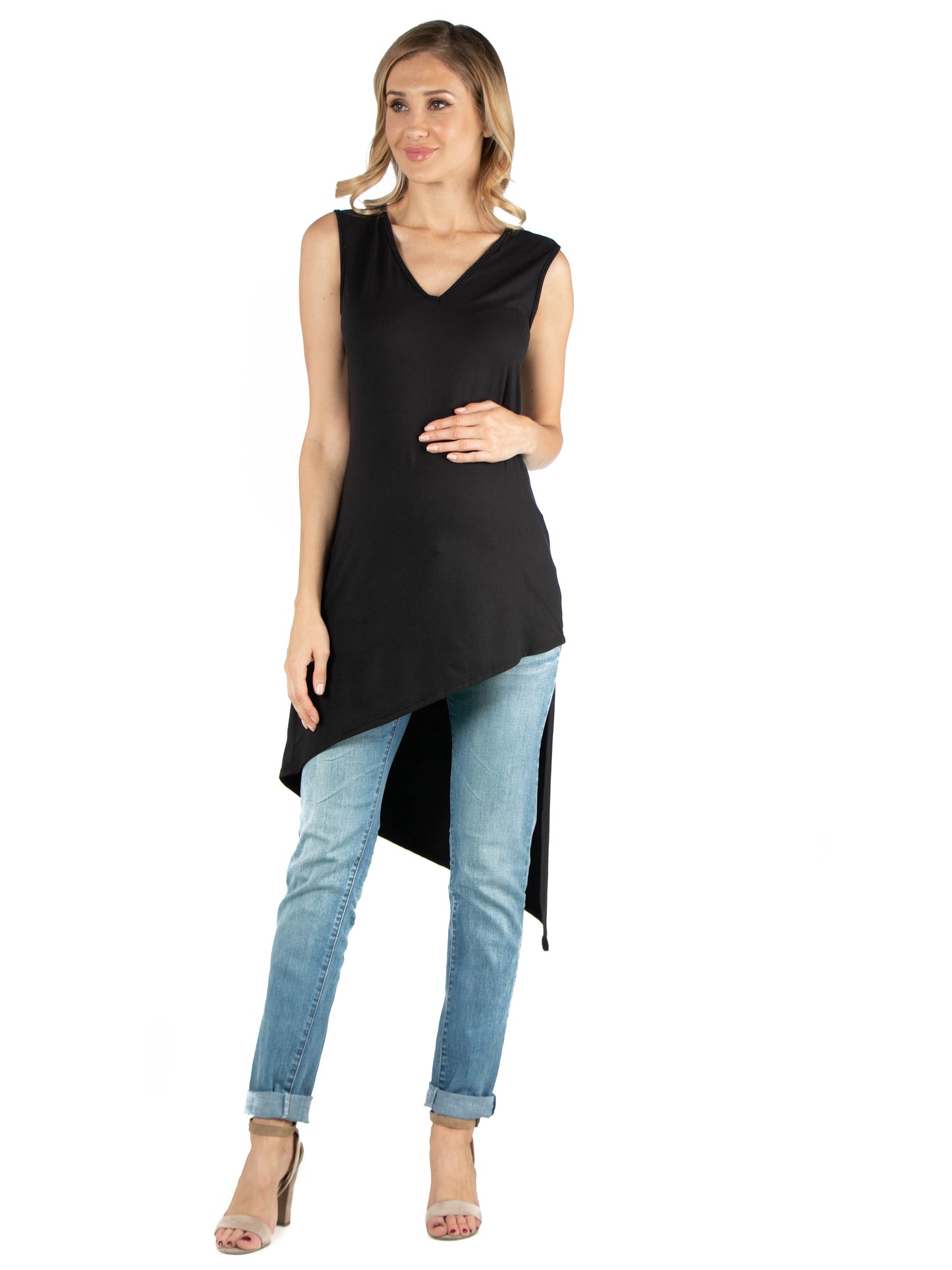 Womens Maternity Long Sleeveless Top with V Neck and Asymmetric Hem