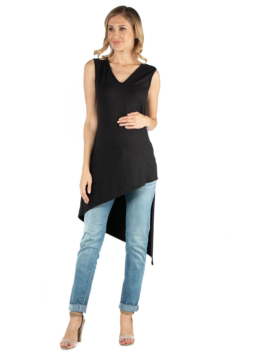 Womens Maternity Long Sleeveless Top with V Neck and Asymmetric Hem