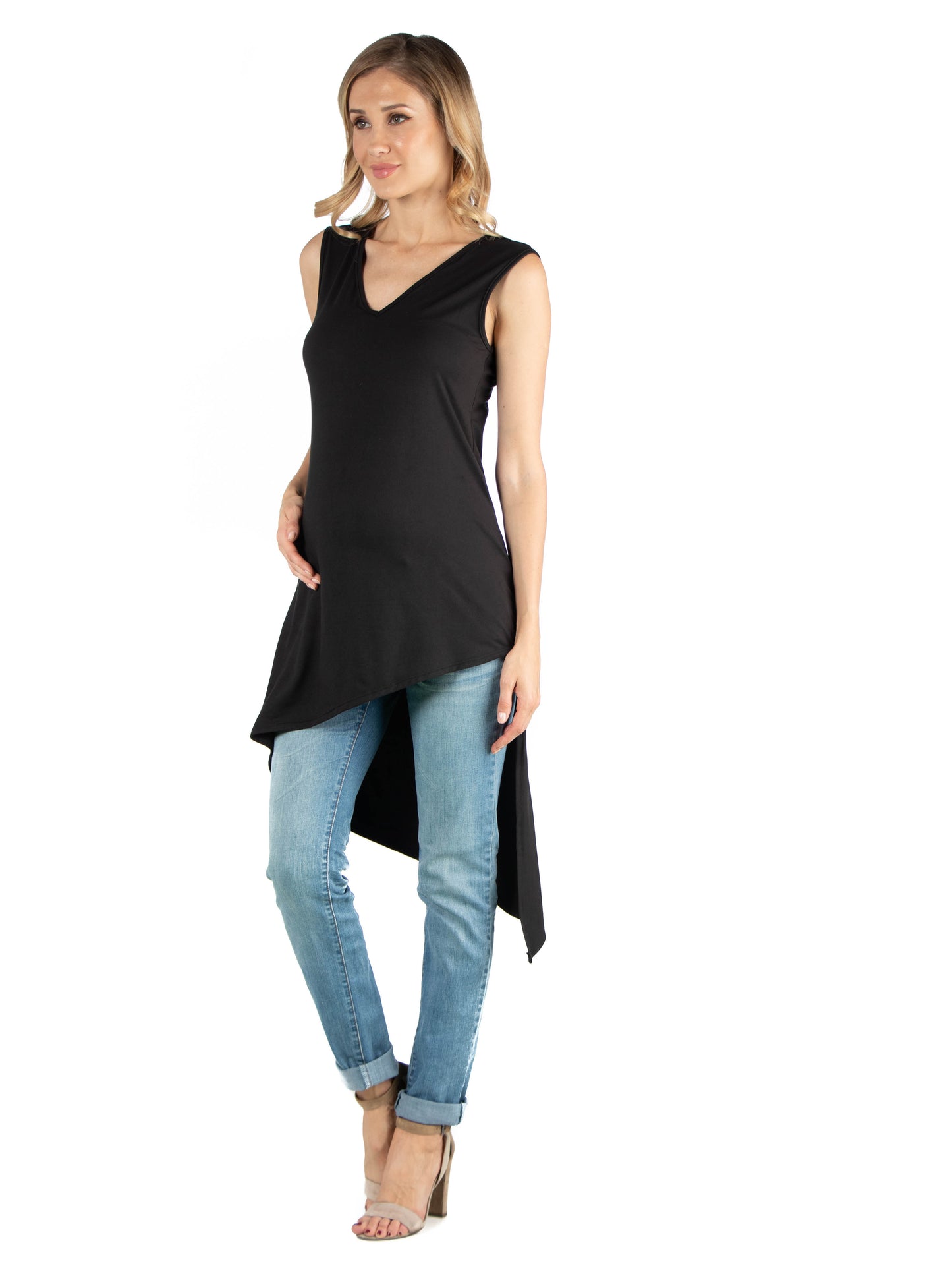 Womens Maternity Long Sleeveless Top with V Neck and Asymmetric Hem