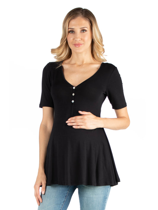Womens Maternity Elbow Sleeve Tunic Top with Button Detail
