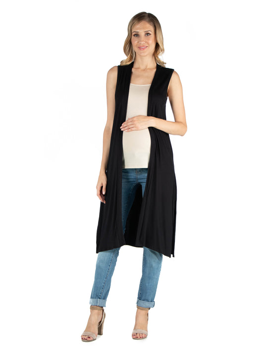 Womens Maternity Sleeveless Long Cardigan with Side Slit