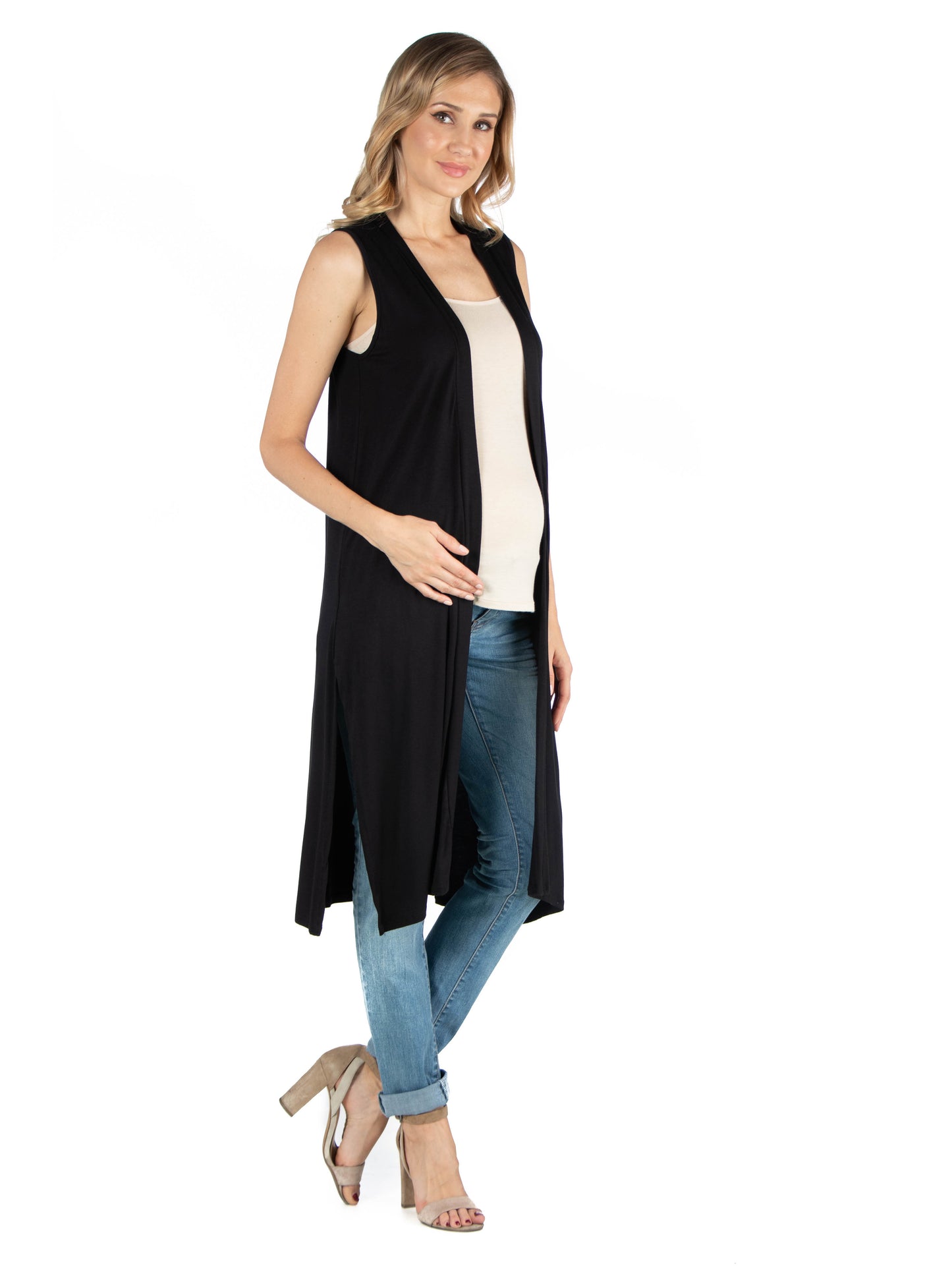 Womens Maternity Sleeveless Long Cardigan with Side Slit