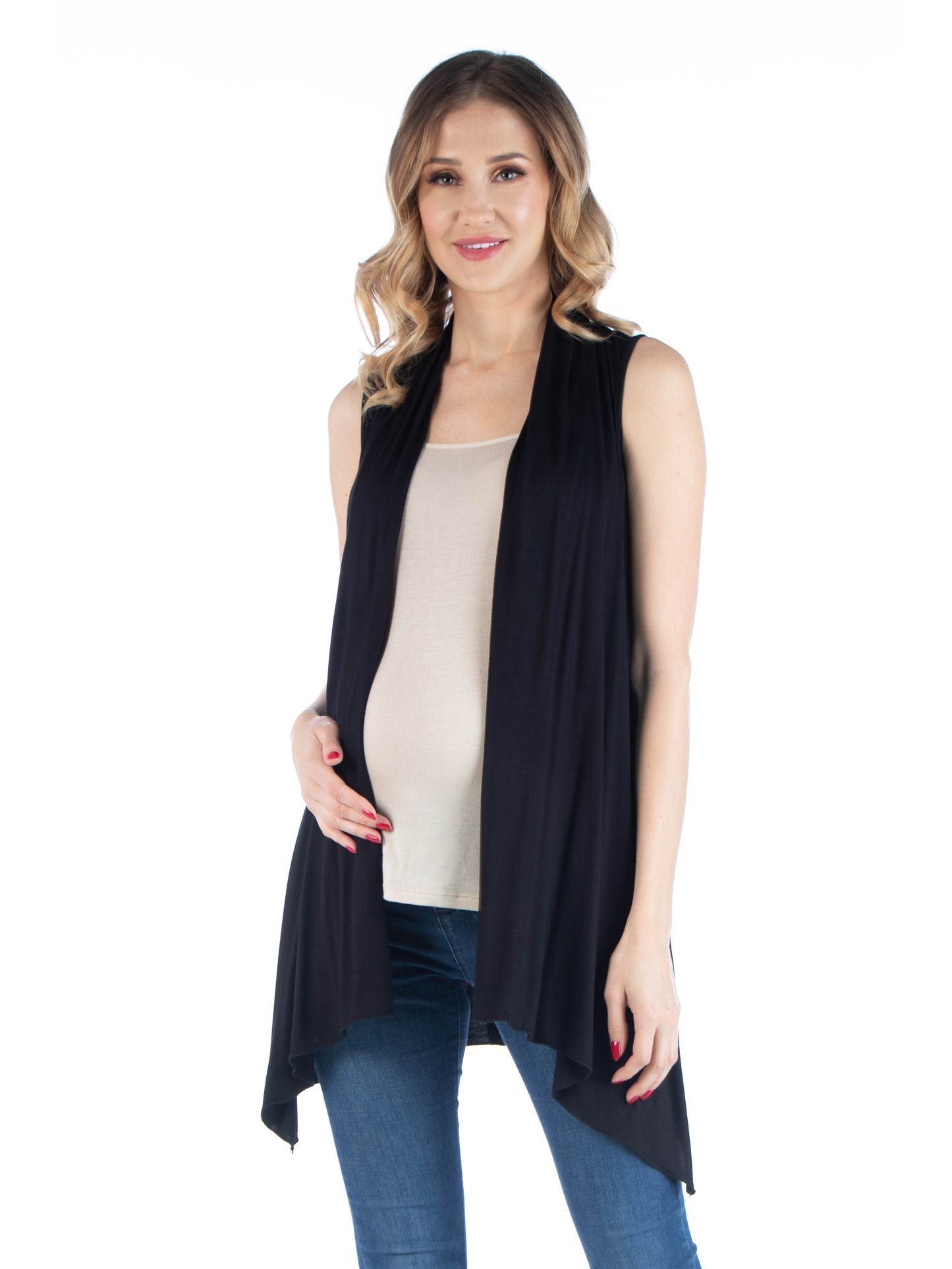 Womens Maternity Draped Open Front Sleeveless Cardigan