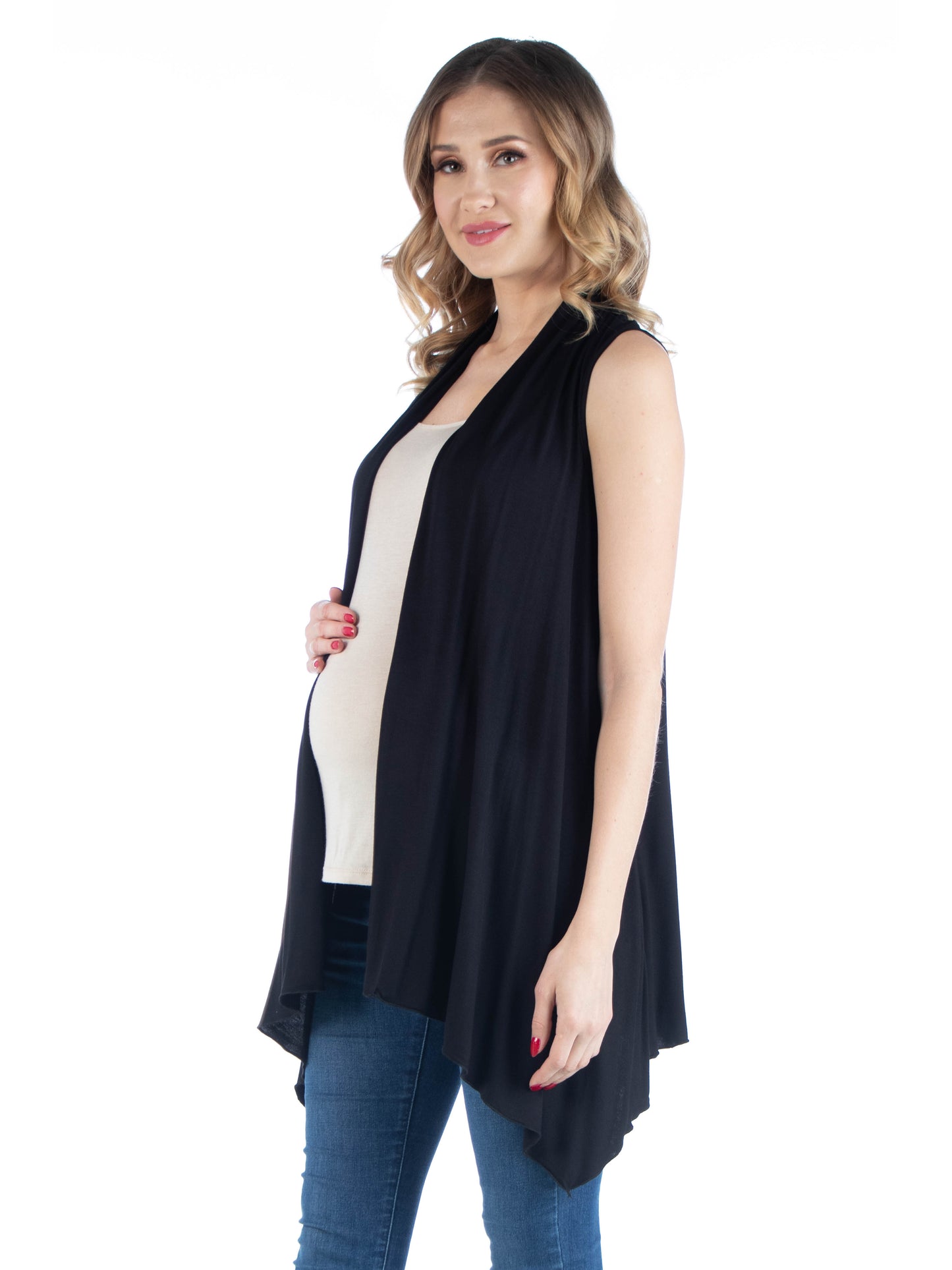 Womens Maternity Draped Open Front Sleeveless Cardigan