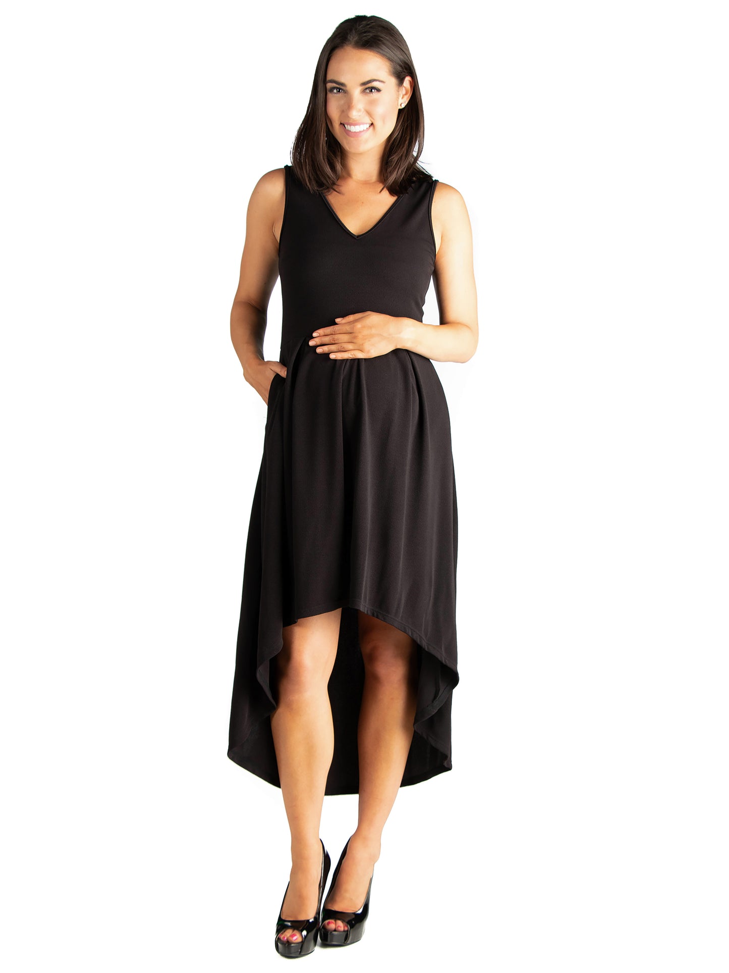 Womens Maternity Sleeveless Fit N Flare High Low Dress