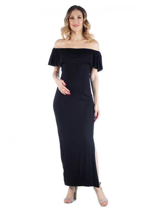 Womens Maternity Off Shoulder Ruffle Detail Maxi Dress