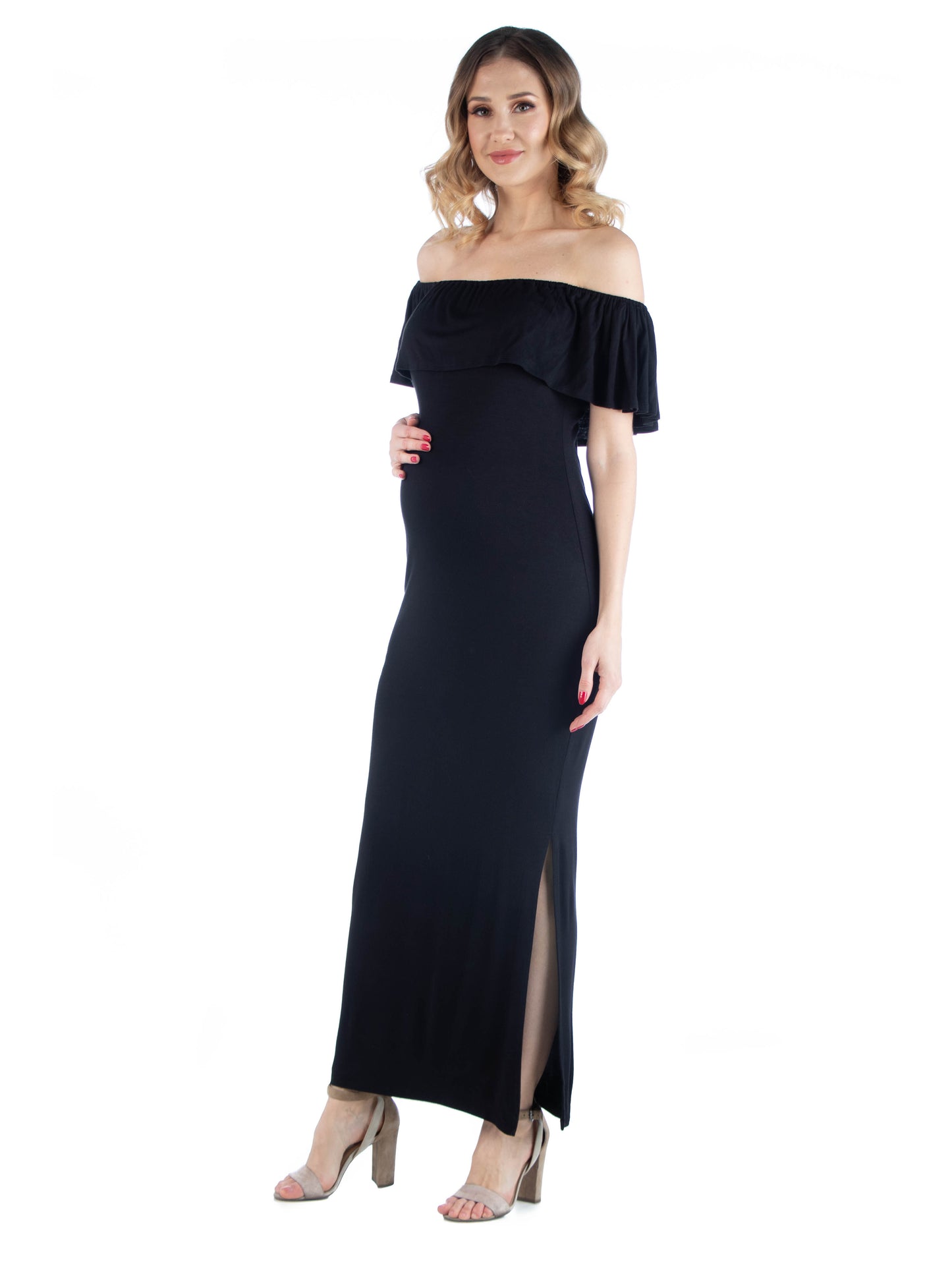 Womens Maternity Off Shoulder Ruffle Detail Maxi Dress