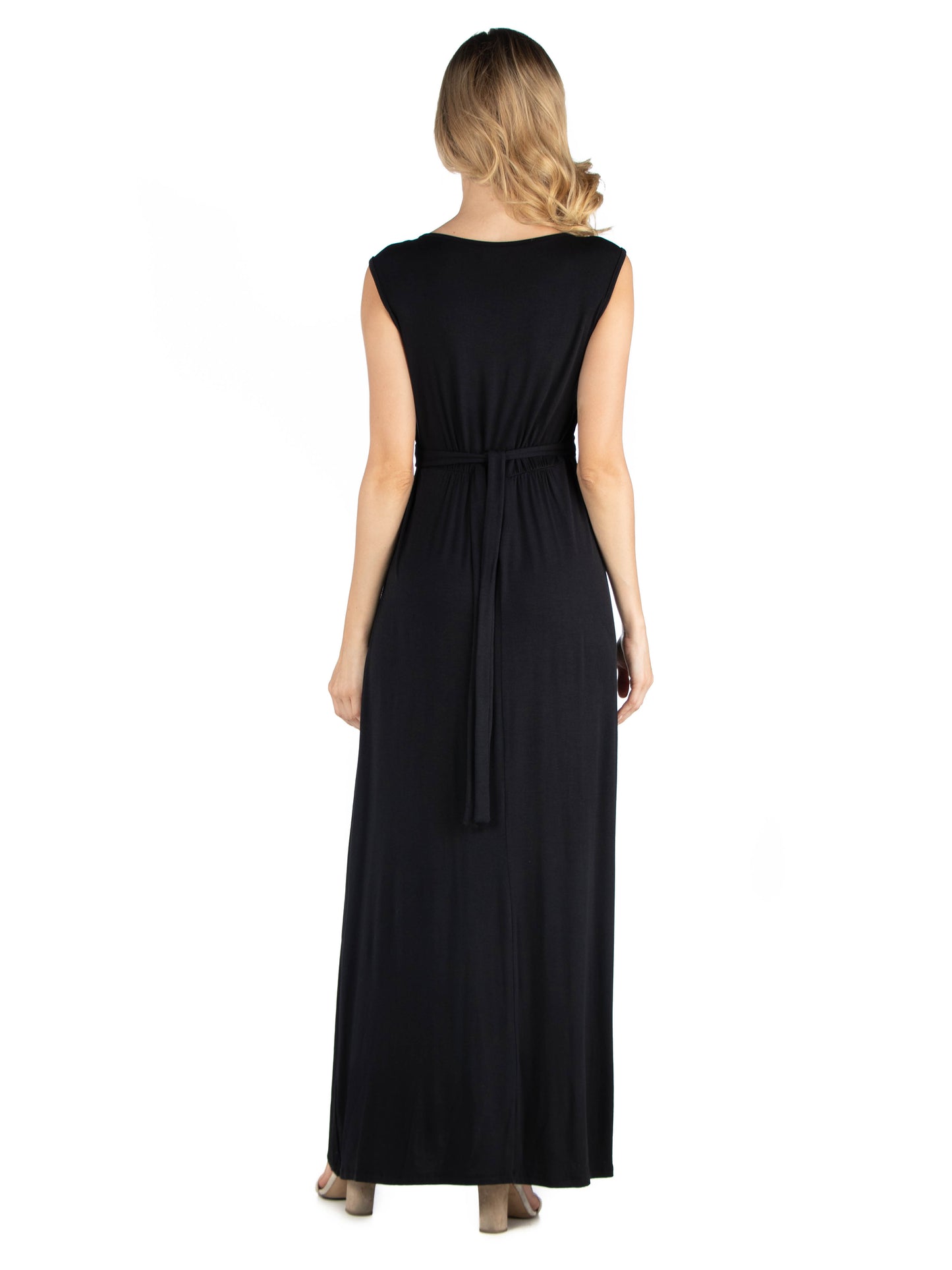 Womens Maternity V Neck Sleeveless Maxi Dress with Belt