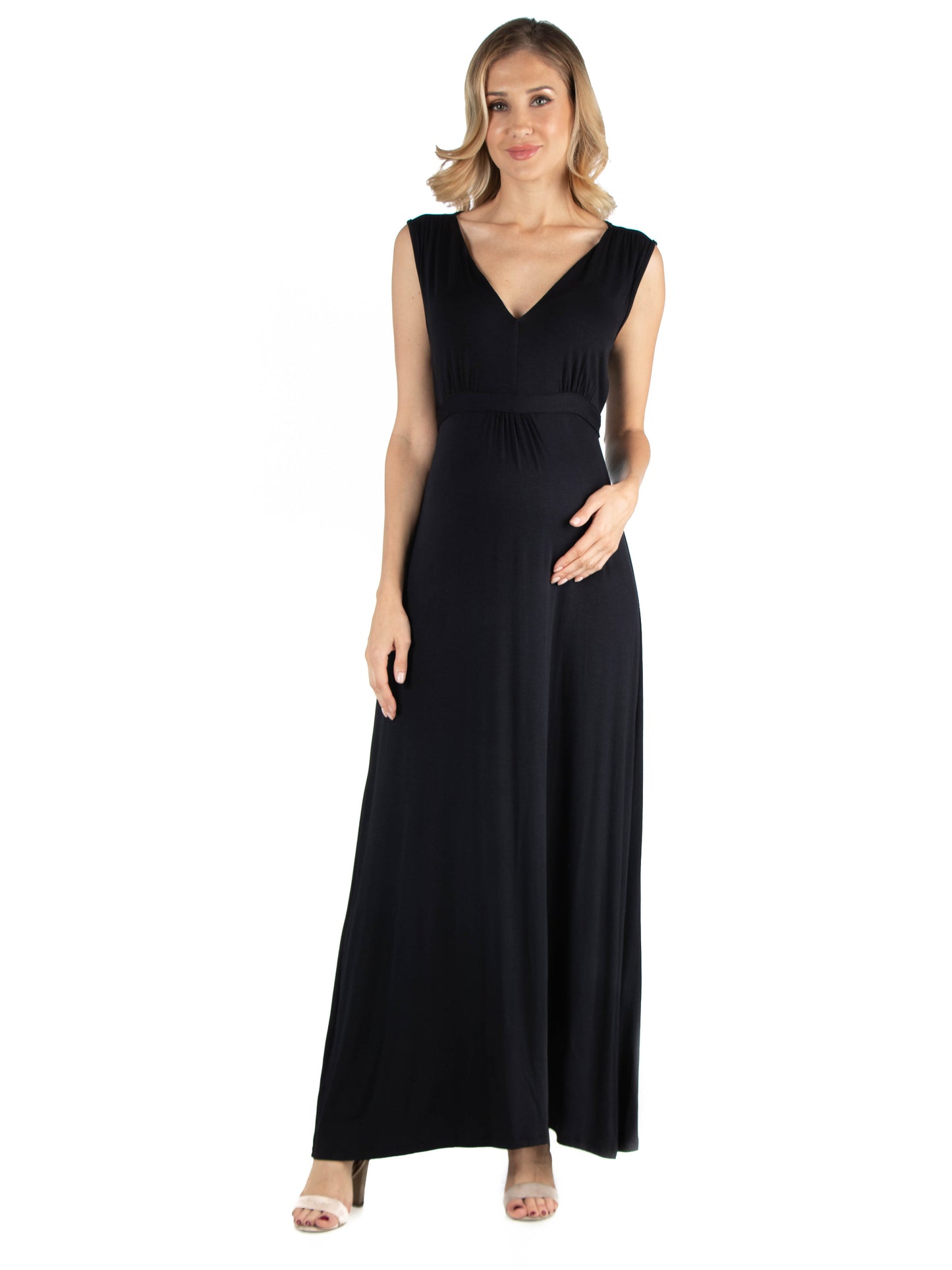 Womens Maternity V Neck Sleeveless Maxi Dress with Belt