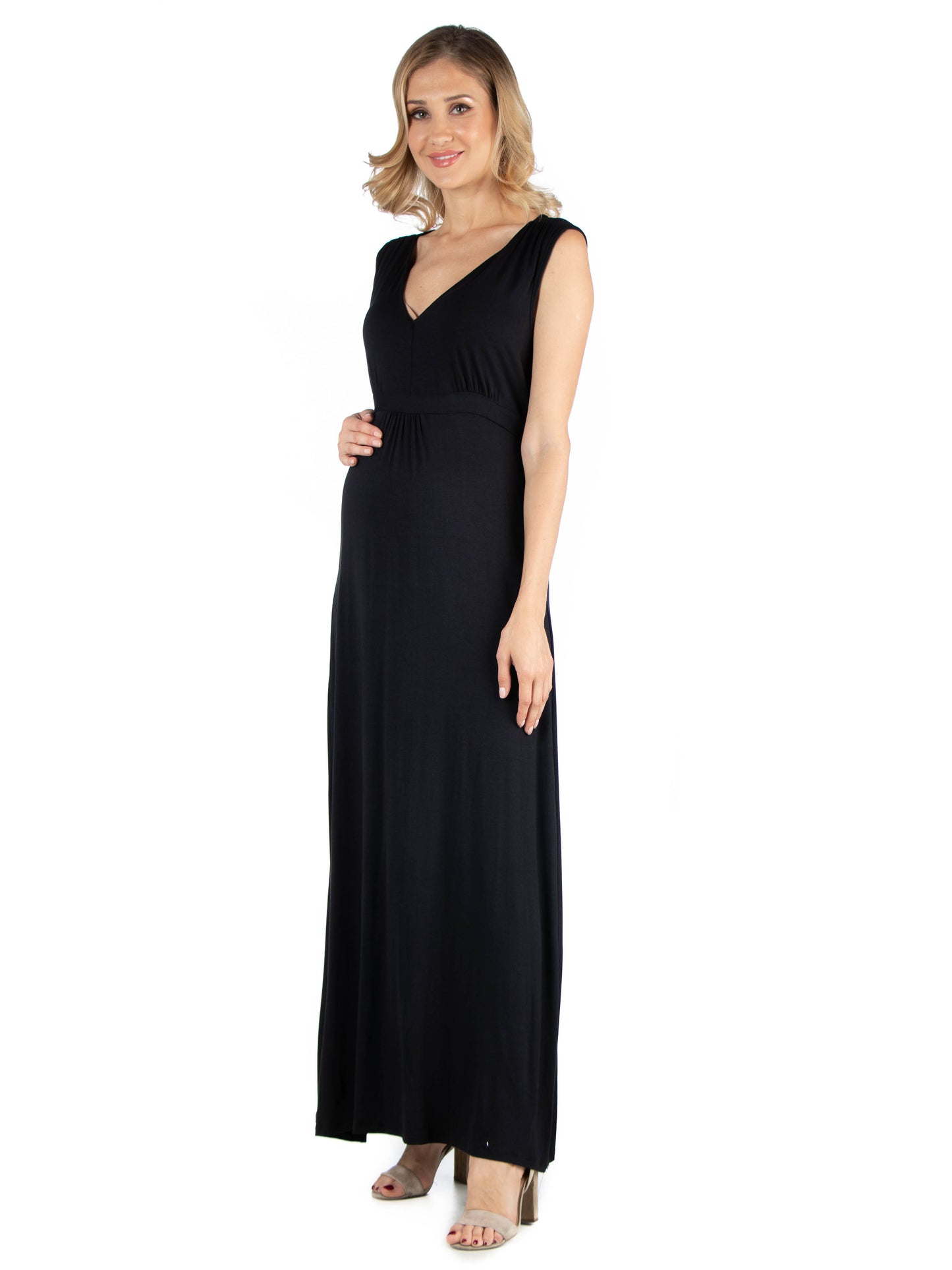 Womens Maternity V Neck Sleeveless Maxi Dress with Belt