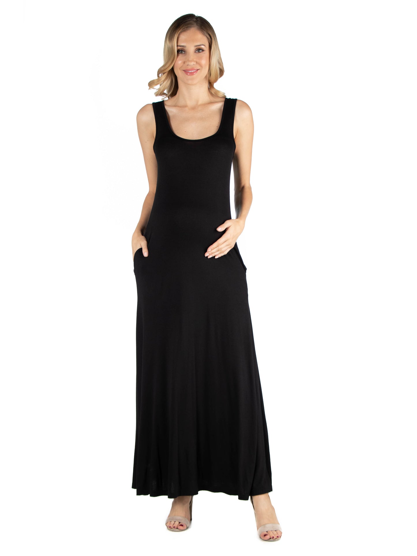 Womens Maternity Scoop Neck Sleeveless Maxi Dress with Pockets