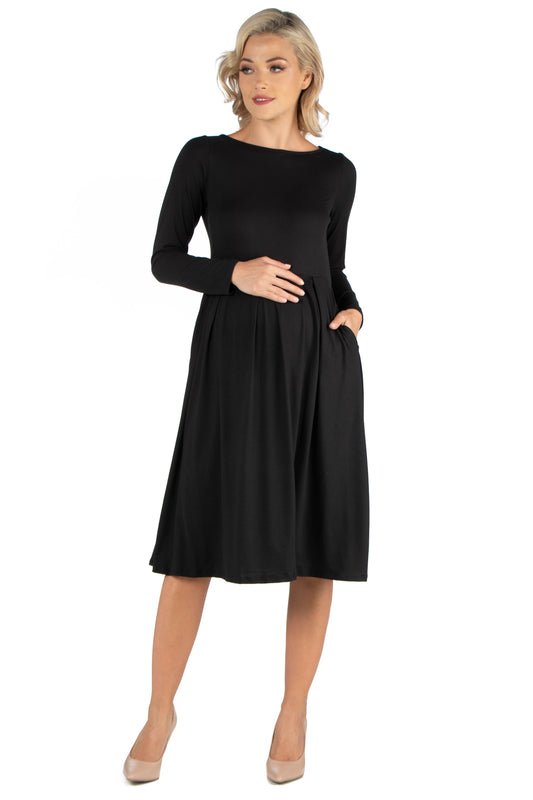 Womens Maternity Midi Length Fit N Flare Pocket Dress