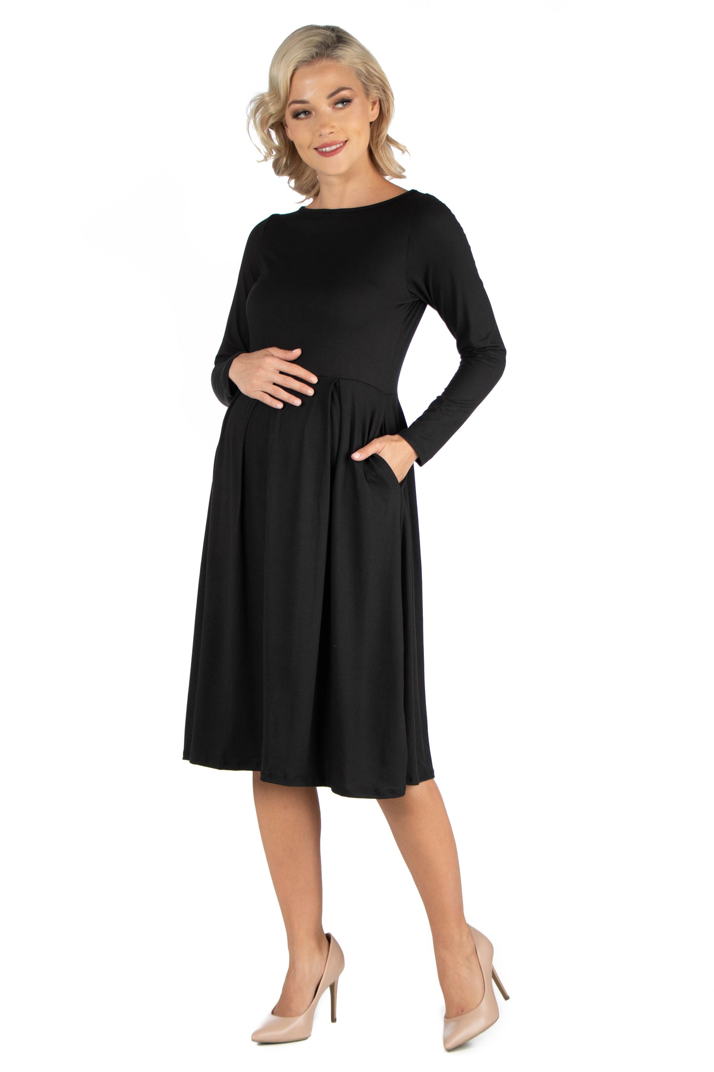 Womens Maternity Midi Length Fit N Flare Pocket Dress