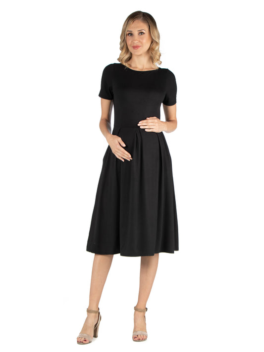 Womens Maternity Midi Dress with Short Sleeve and Pocket Detail
