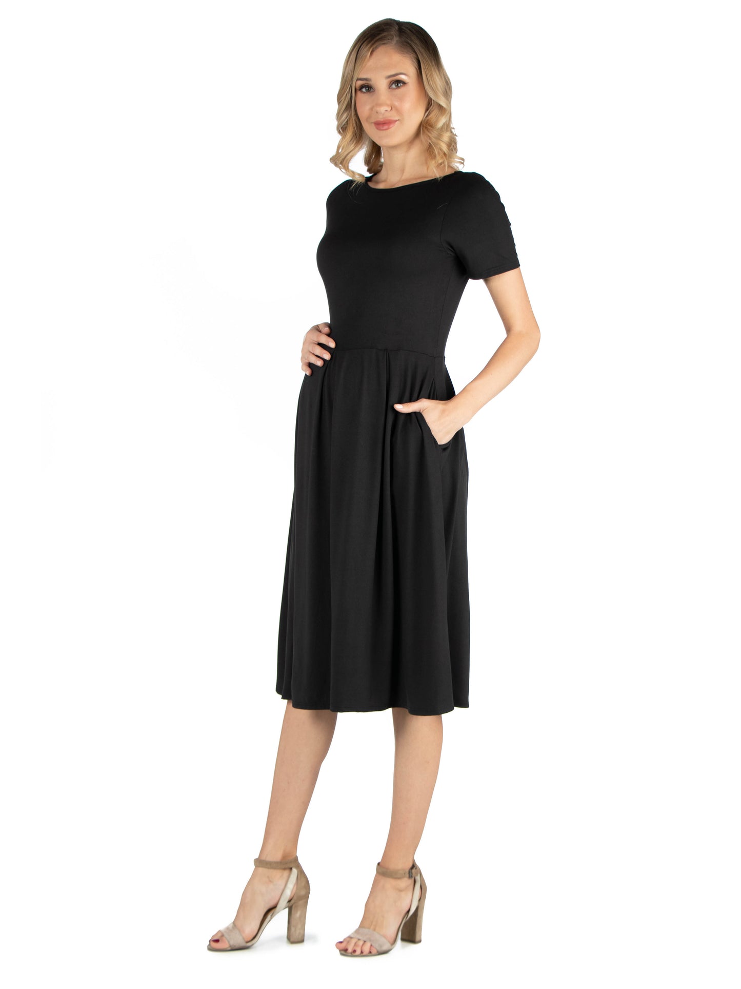 Womens Maternity Midi Dress with Short Sleeve and Pocket Detail