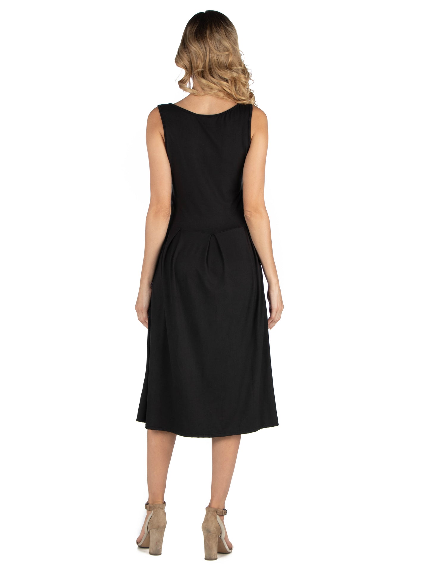 Womens Maternity Fit and Flare Sleeveless Midi Dress with Pockets