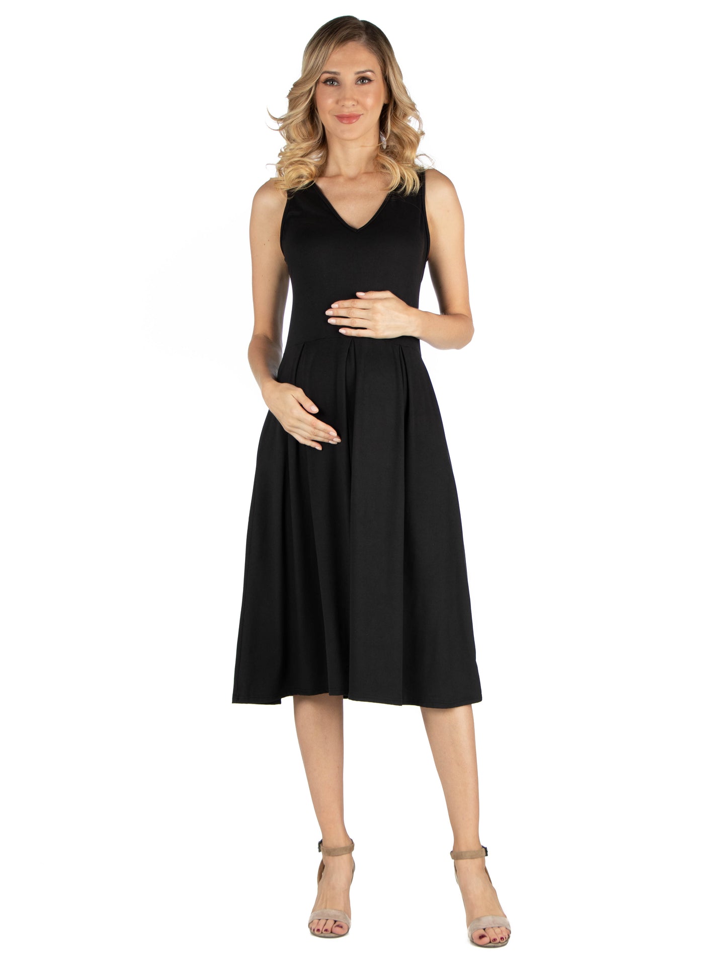 Womens Maternity Fit and Flare Sleeveless Midi Dress with Pockets