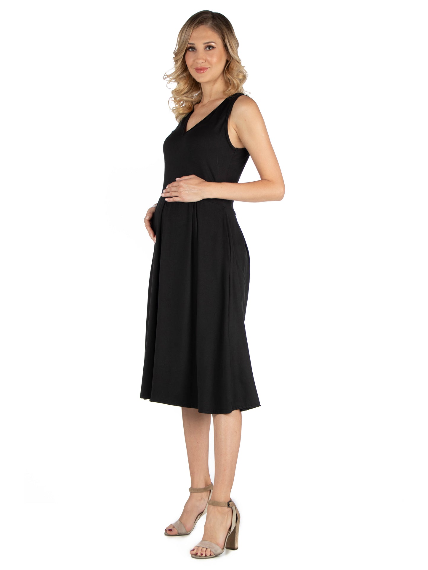 Womens Maternity Fit and Flare Sleeveless Midi Dress with Pockets