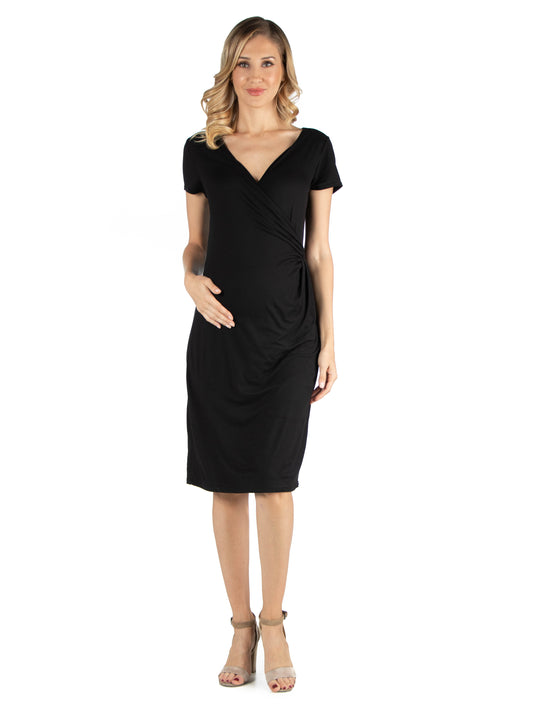 Womens Maternity Faux Wrapover Dress with Cap Sleeves