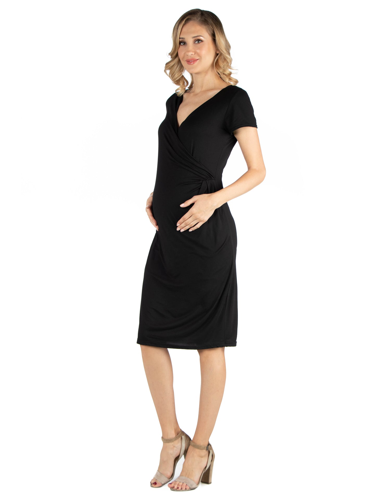 Womens Maternity Faux Wrapover Dress with Cap Sleeves