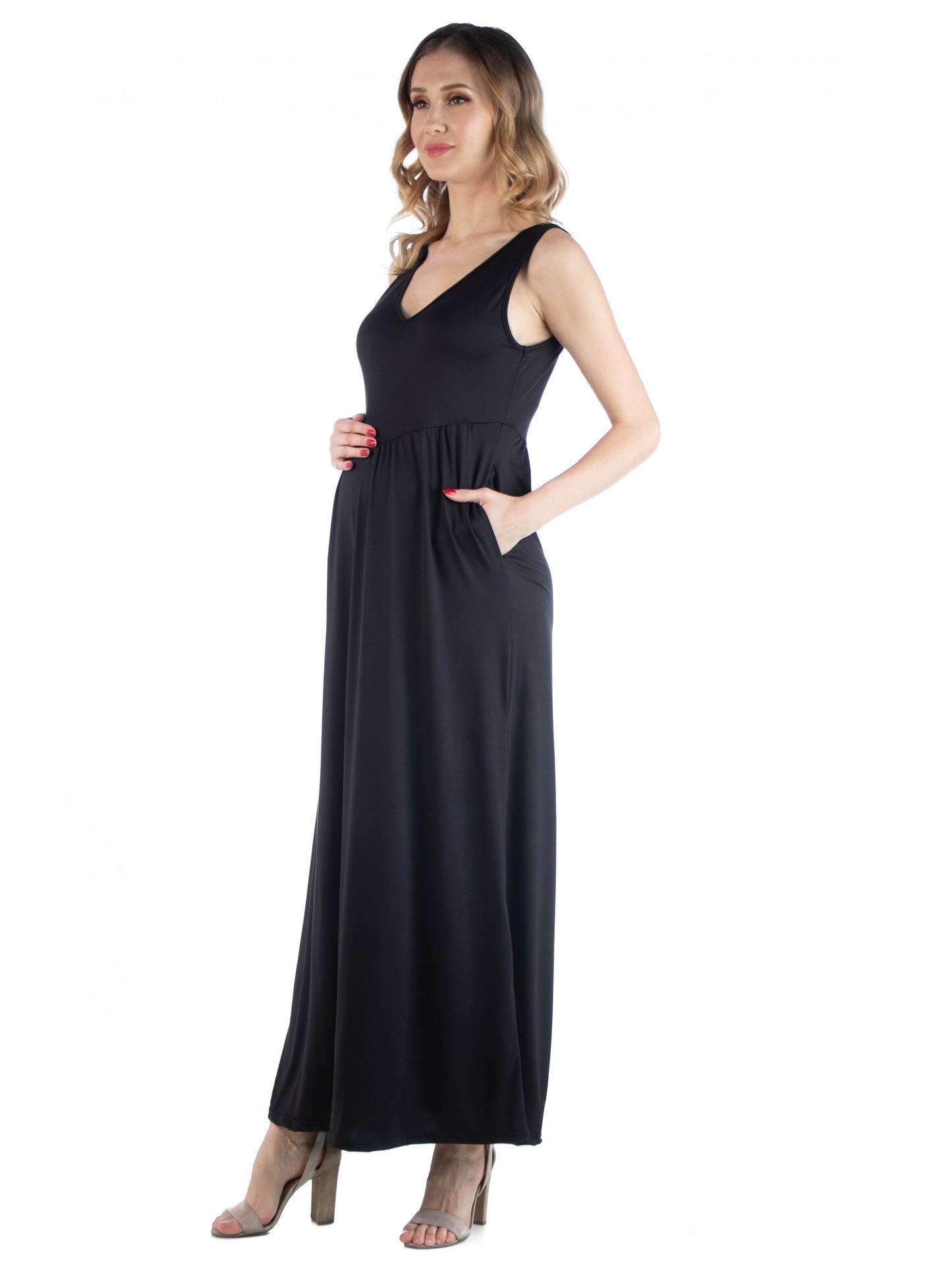 Womens Maternity Maxi Sleeveless Dress with Pockets