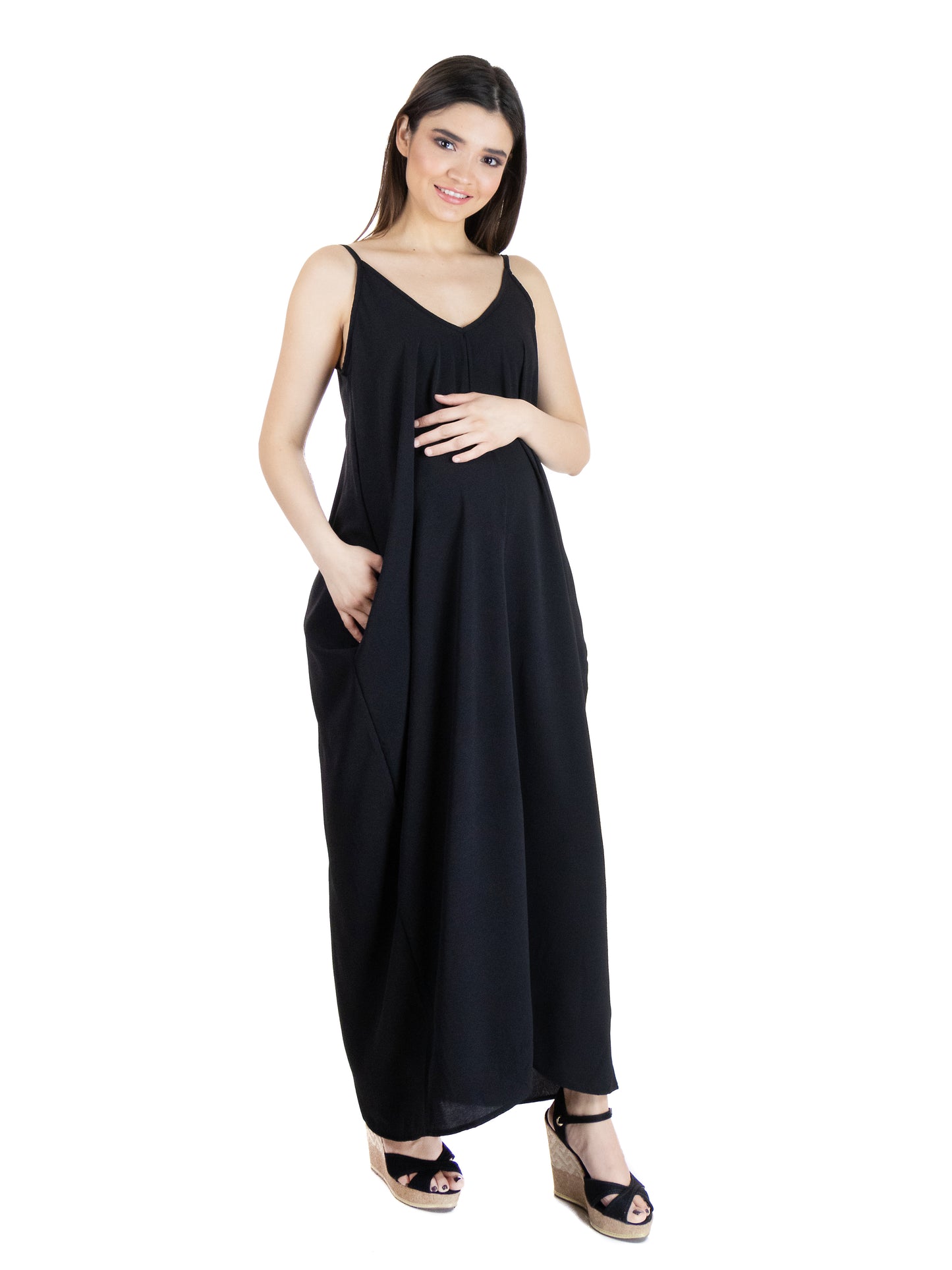 Womens Maternity Spaghetti Strap Rayon Maxi Dress With Pockets