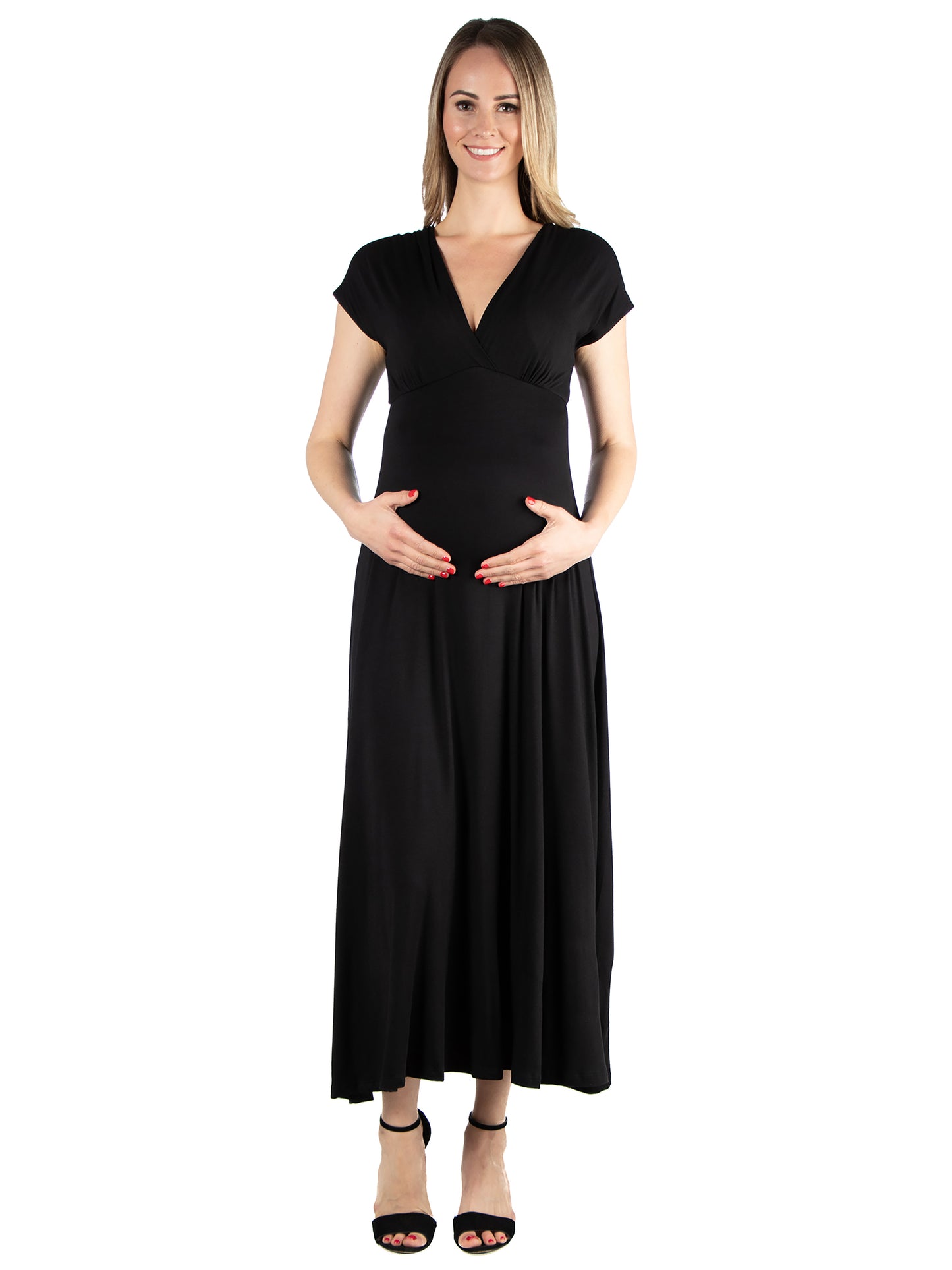 Womens Maternity Cap Sleeve V Neck Maxi Dress