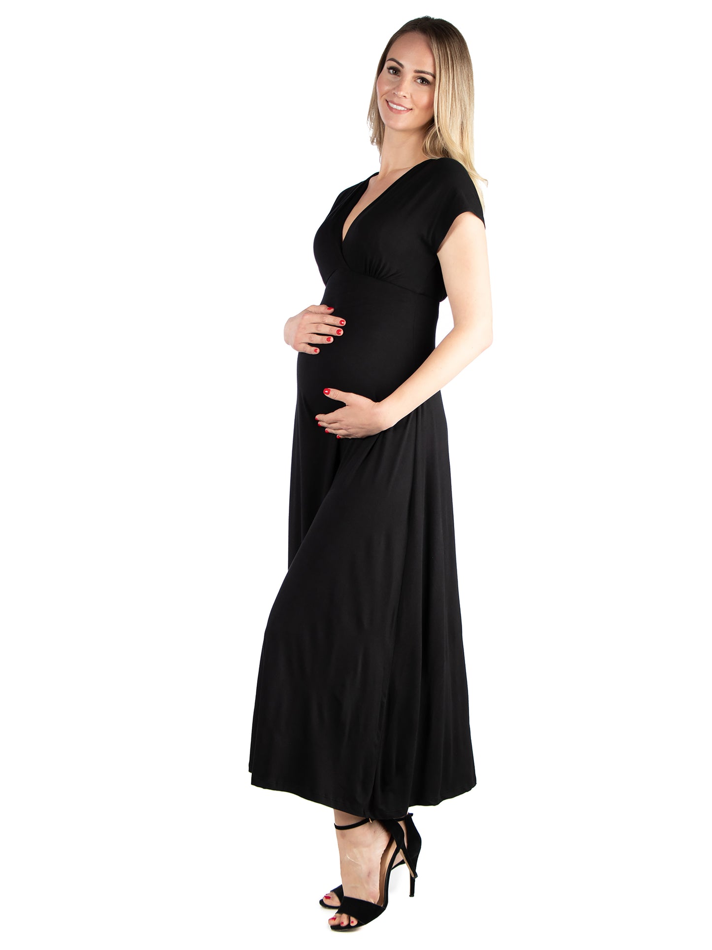 Womens Maternity Cap Sleeve V Neck Maxi Dress