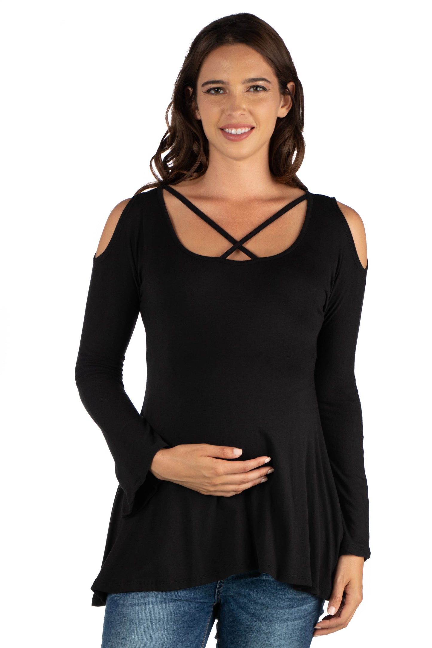 Womens Maternity Long Sleeve Criss Cross Cold Shoulder Top