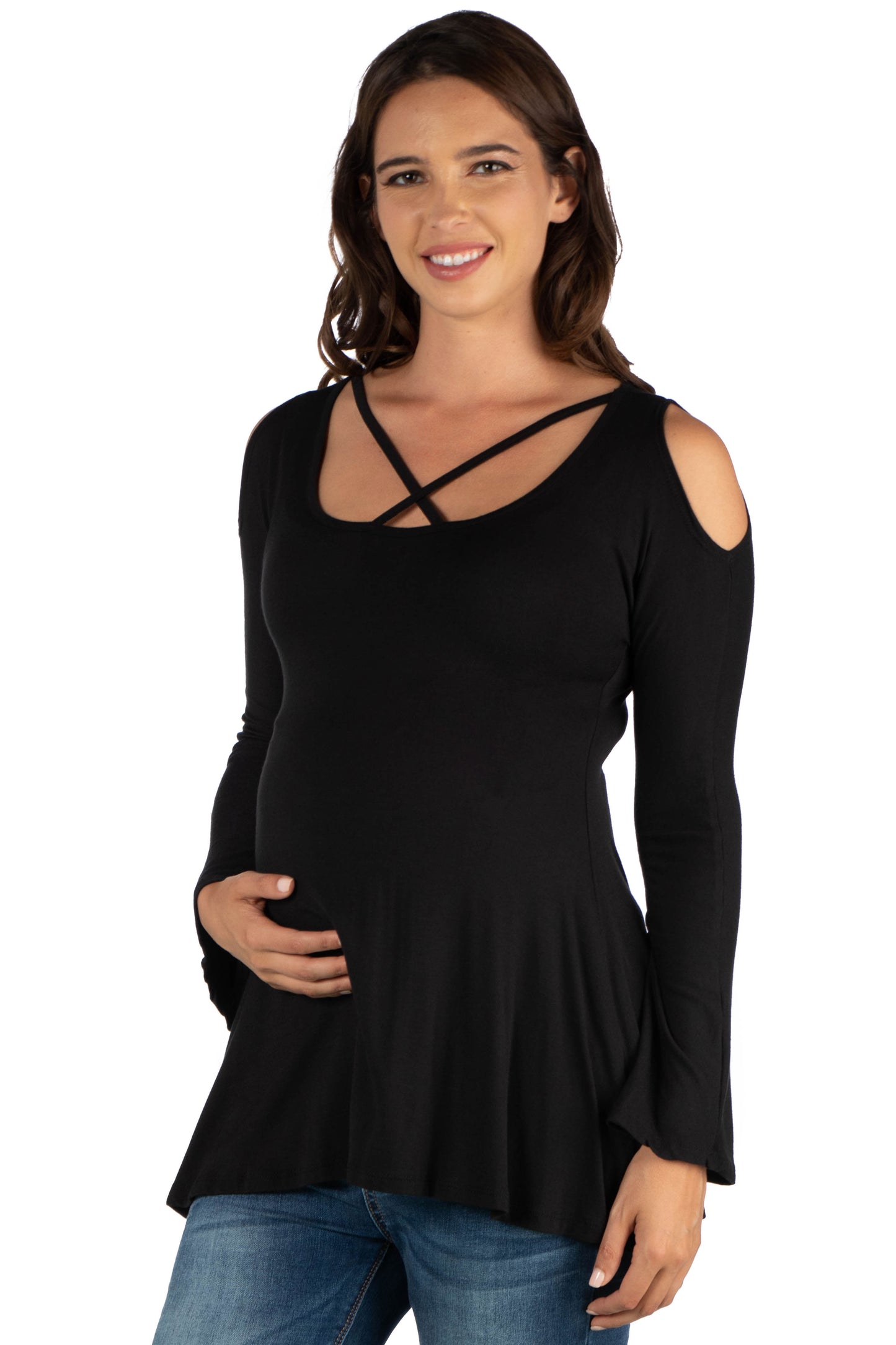 Womens Maternity Long Sleeve Criss Cross Cold Shoulder Top