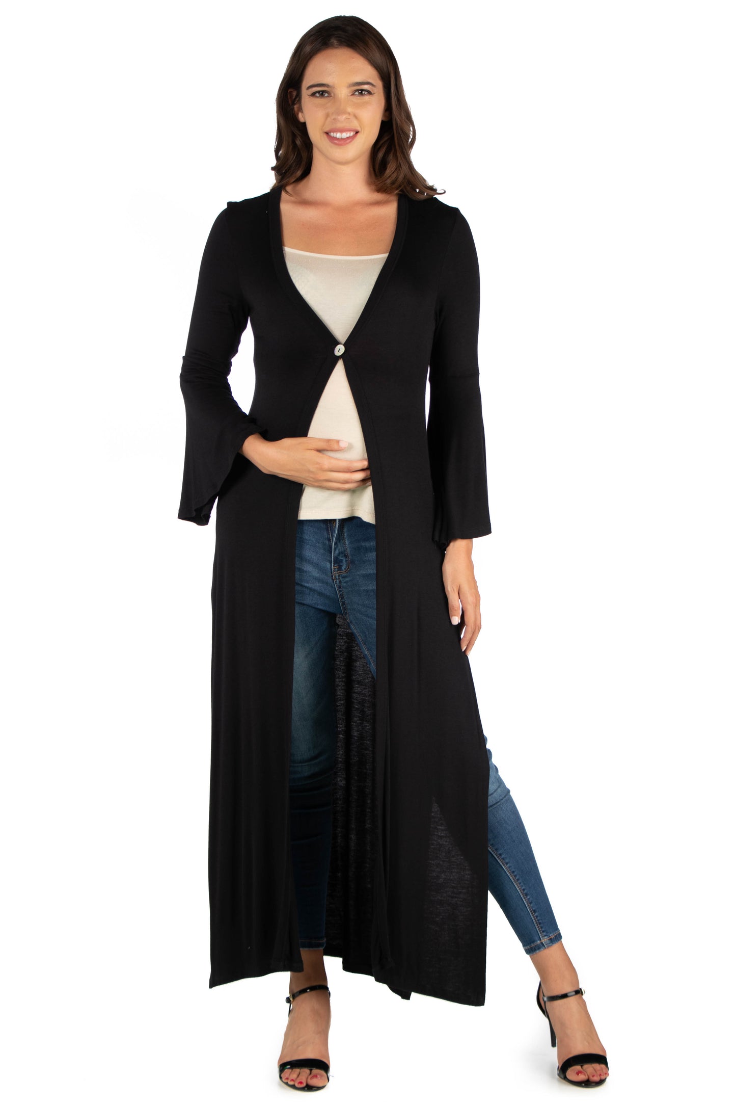 Womens Maternity Bell Sleeve Maxi Length Cardigan Duster