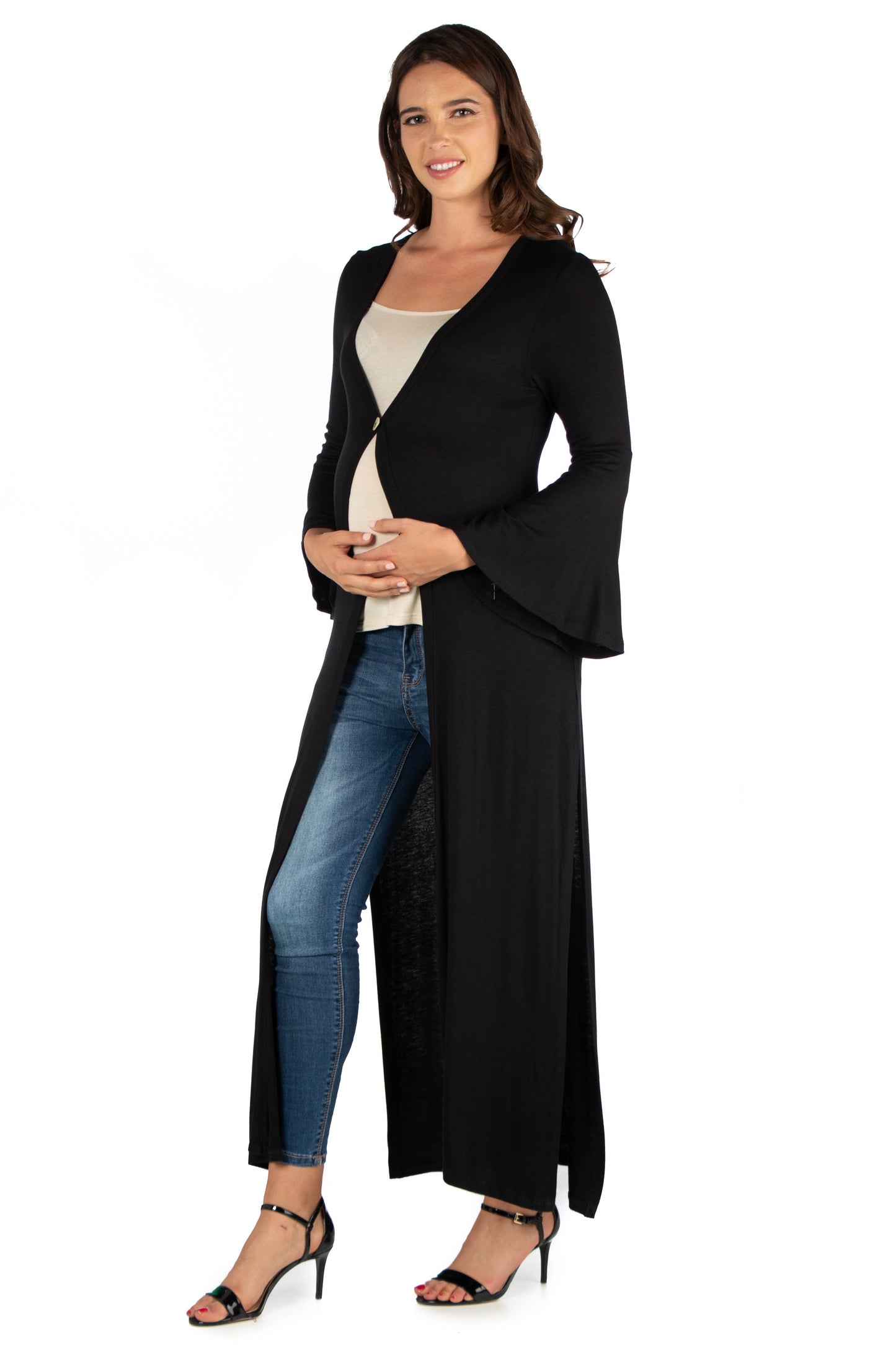 Womens Maternity Bell Sleeve Maxi Length Cardigan Duster