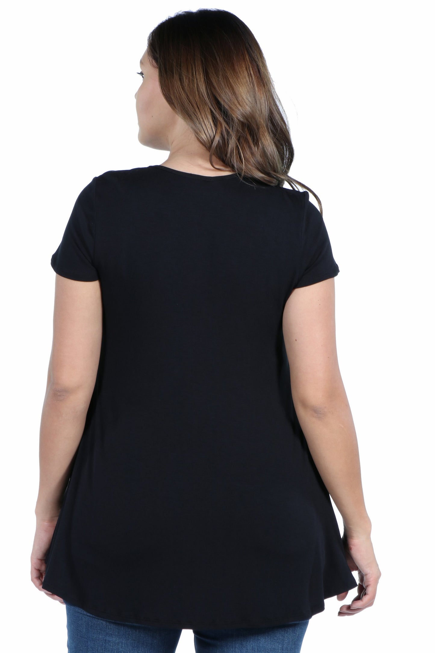 Womens Curvy Black Short Sleeve V Neck Tunic T Shirt