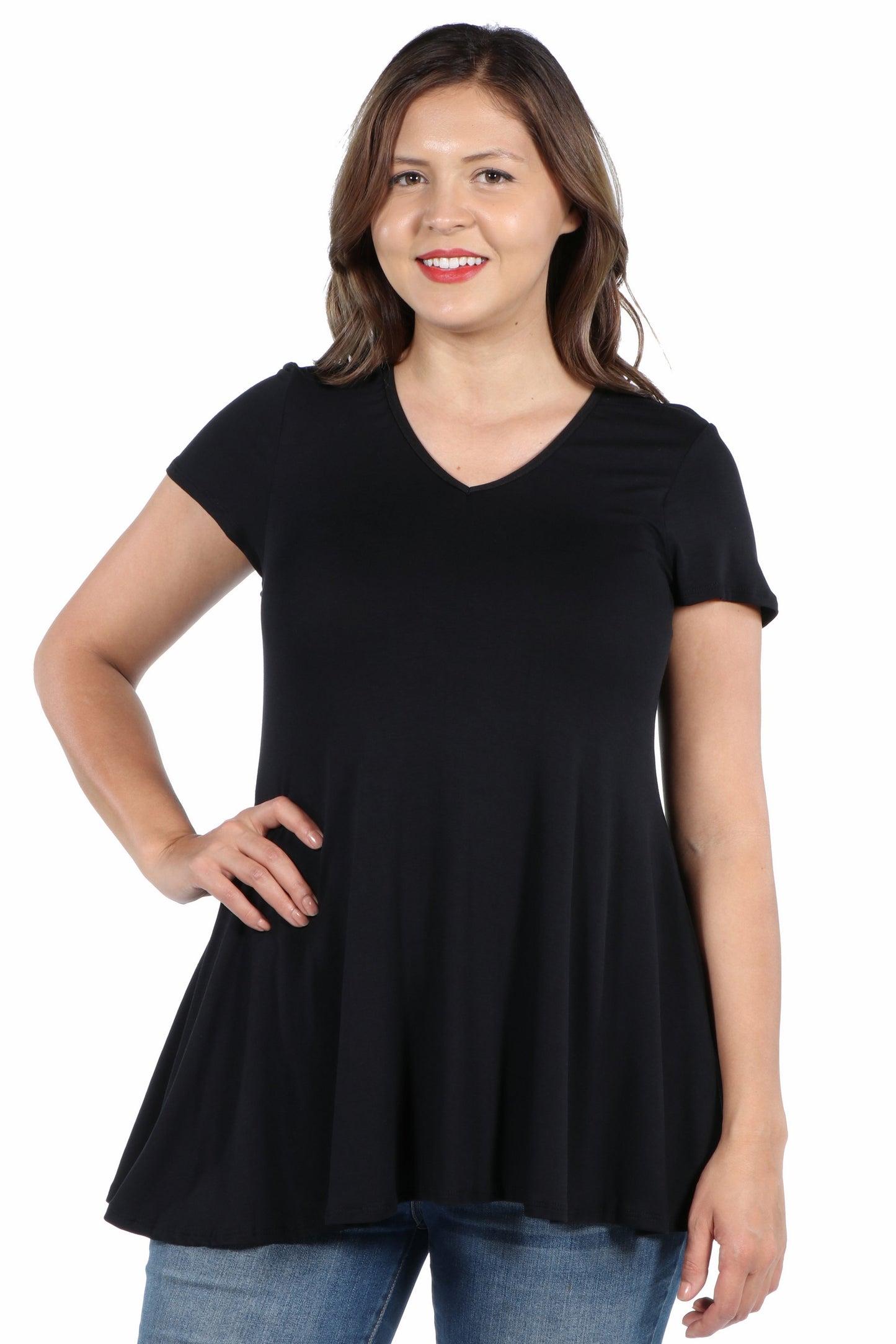 Womens Curvy Black Short Sleeve V Neck Tunic T Shirt