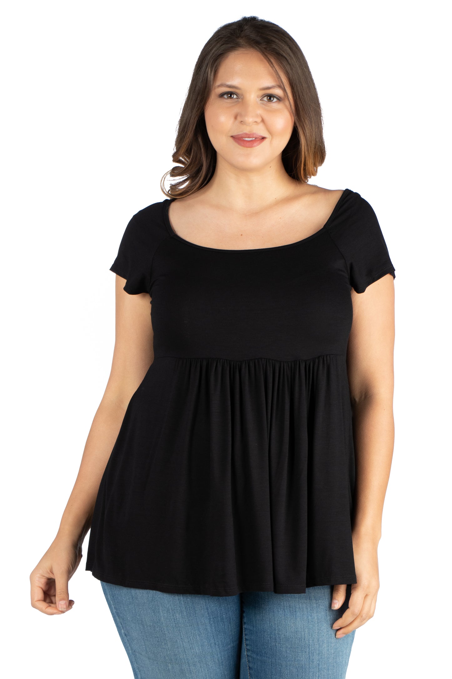 Womens Curvy Black Cap Sleeve Babydoll Tunic Top