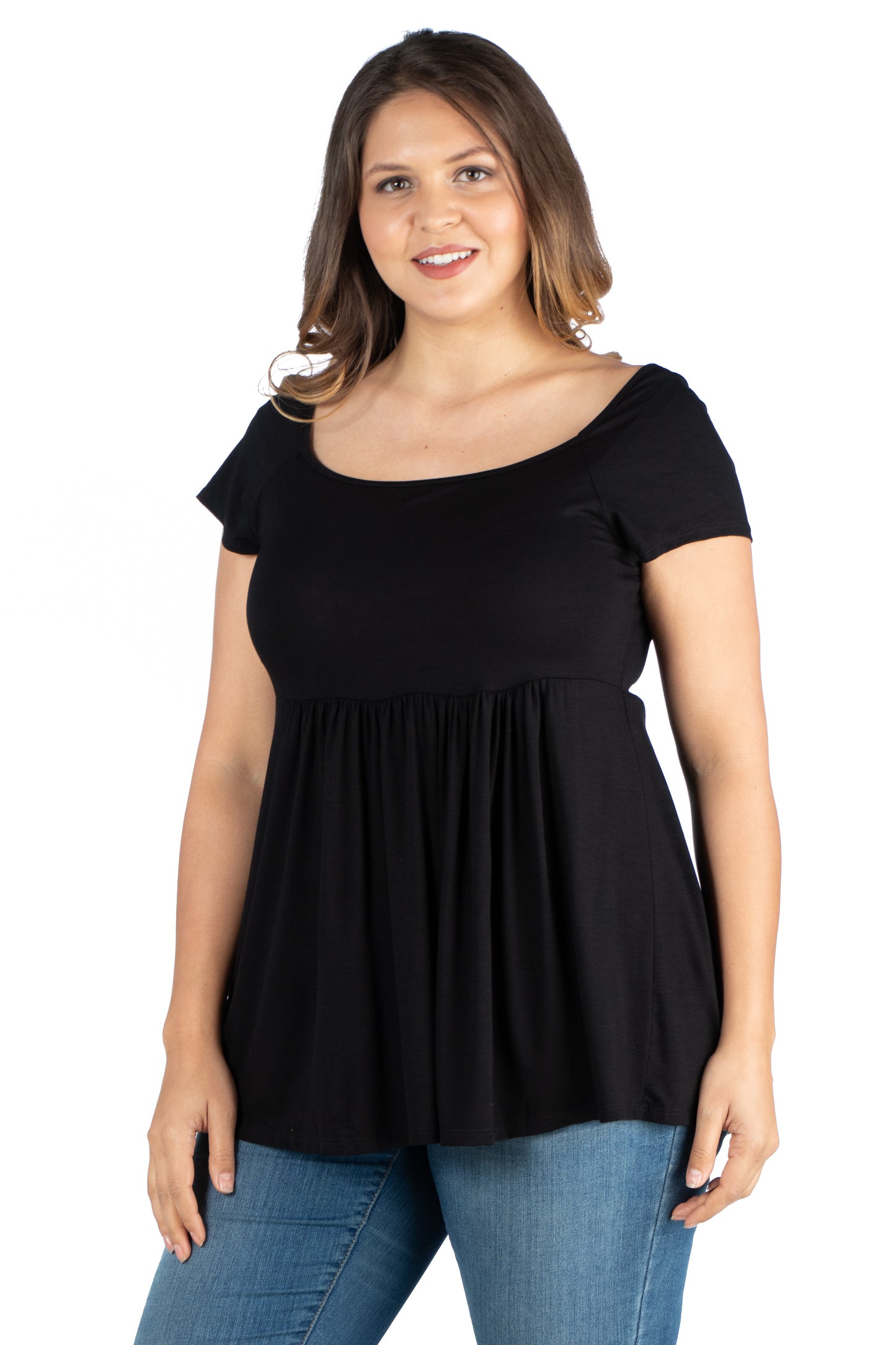 Womens Curvy Black Cap Sleeve Babydoll Tunic Top