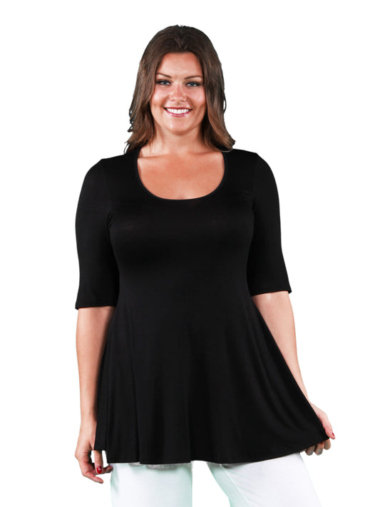 Womens Curvy Black Elbow Swing Tunic Top