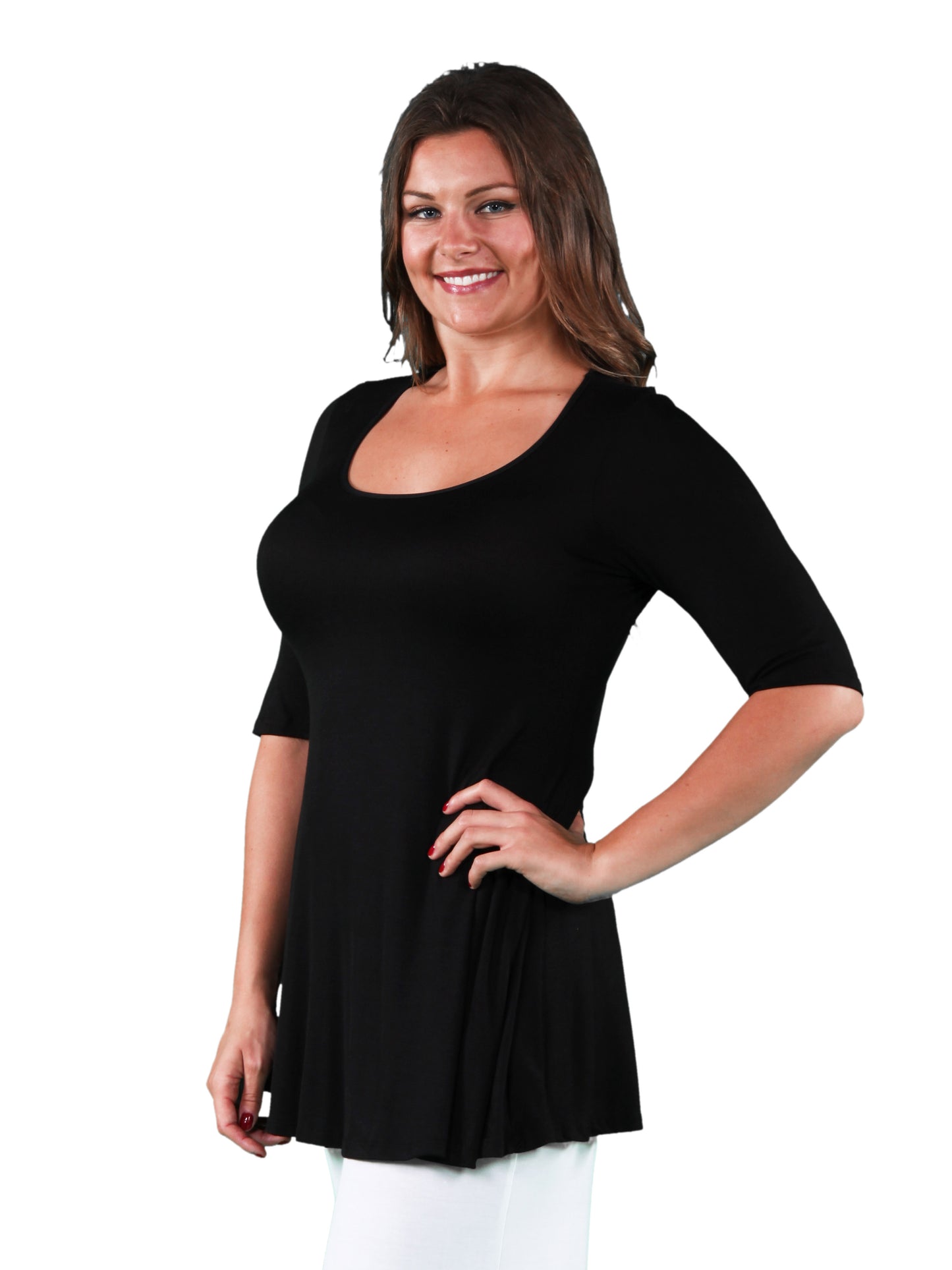 Womens Curvy Black Elbow Swing Tunic Top