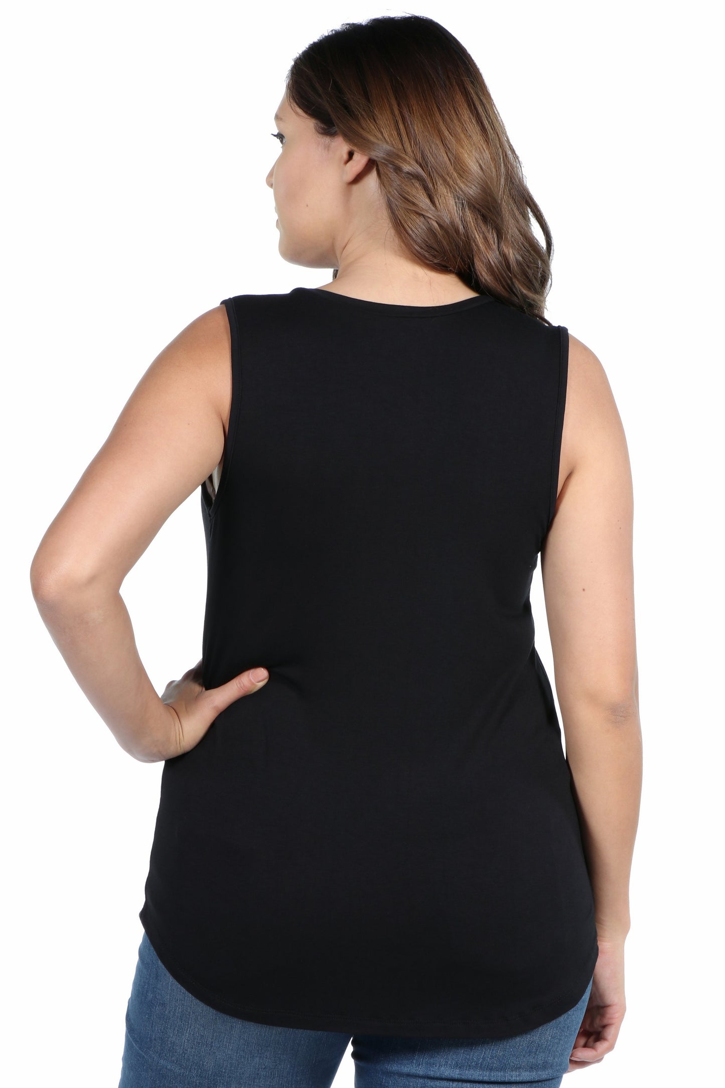 Womens Curvy Black V Neck Sleeveless Rounded Hemline Top