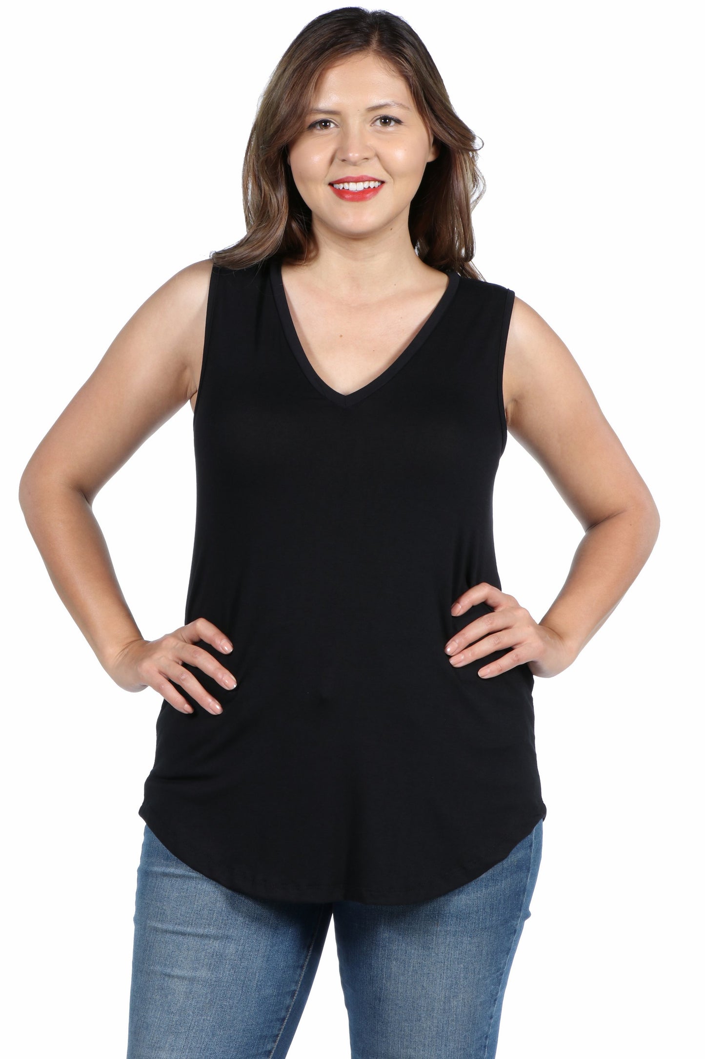 Womens Curvy Black V Neck Sleeveless Rounded Hemline Top