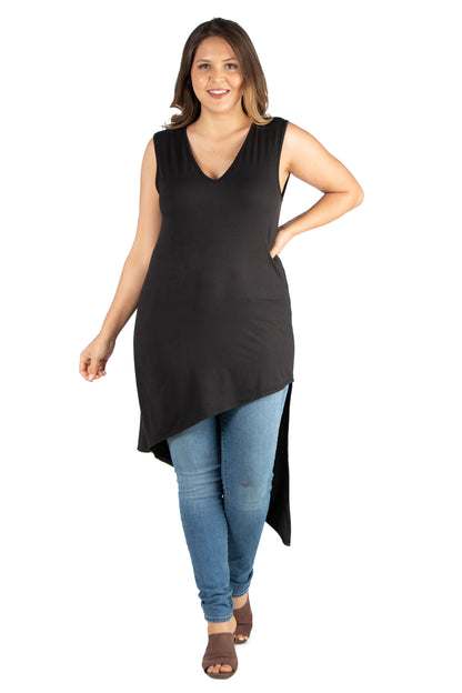 Womens Curvy Black Sleeveless Asymmetric Tunic Top