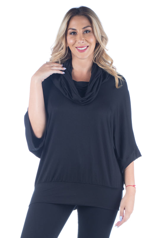 Womens Curvy Black Oversized Cowl Neck Tunic Top