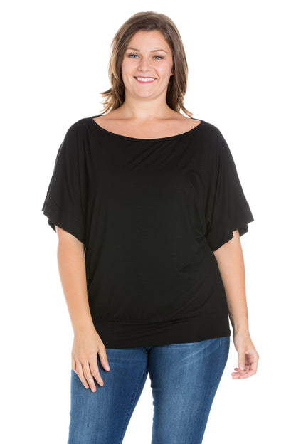 Womens Curvy Black Short Sleeve Loose Fitting Dolman Top